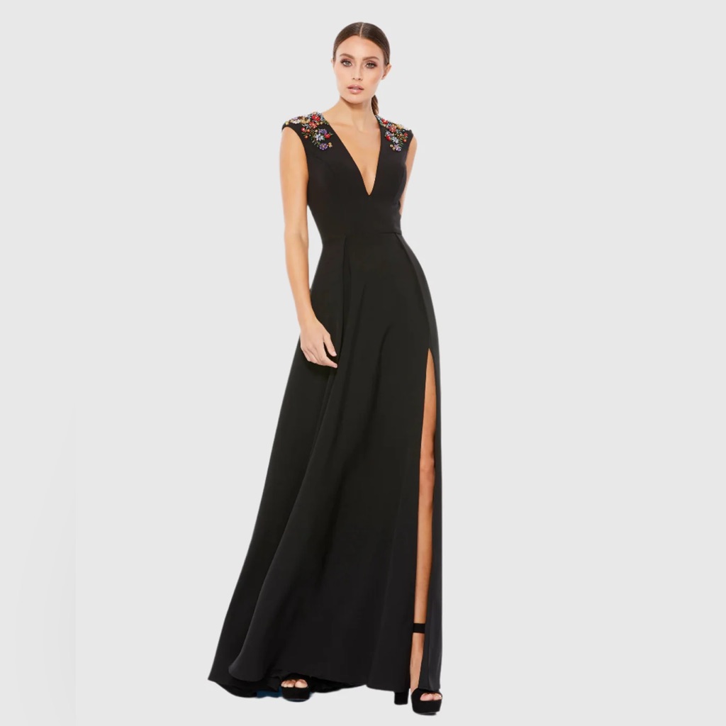 Mac Duggal Black Maxi Dress With Floral Embroidery